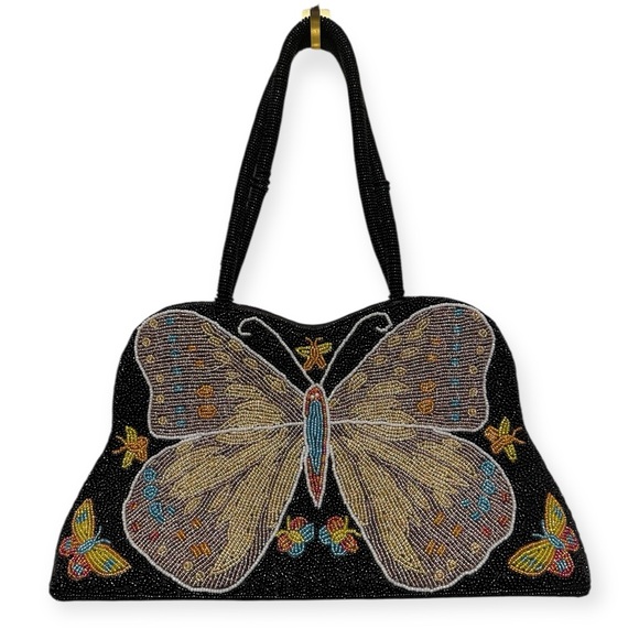 Vintage Handbags - Vintage Y2K Era Black Beaded Butterfly Shoulder Bag